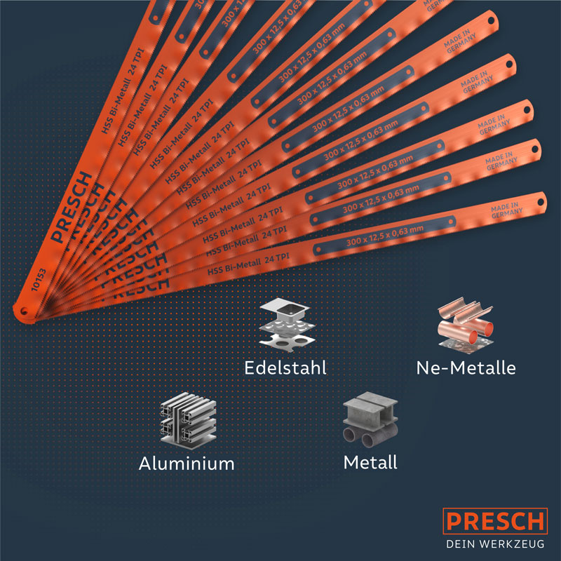 Presch Handsägeblätter 300mm für Metall und Metallsägeblätter, ideal für Edelstahl und Aluminium.