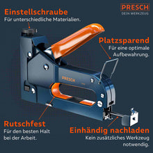 PRESCH Handtacker Model met verstelbare schroef en antisliphandgreep, met één hand te bedienen en ruimtebesparend ontwerp.
