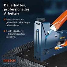 PRESCH handtacker voor professioneel nietwerk en niettoepassingen met robuuste metalen behuizing en verschillende nietsoorten.
