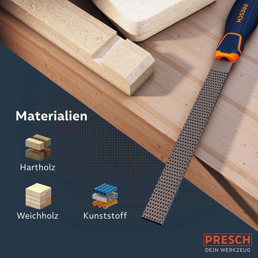 Râpe à bois plate et émoussée de PRESCH sur surface en bois à côté de blocs de bois dur et de bois tendre ainsi que de matériau plastique.