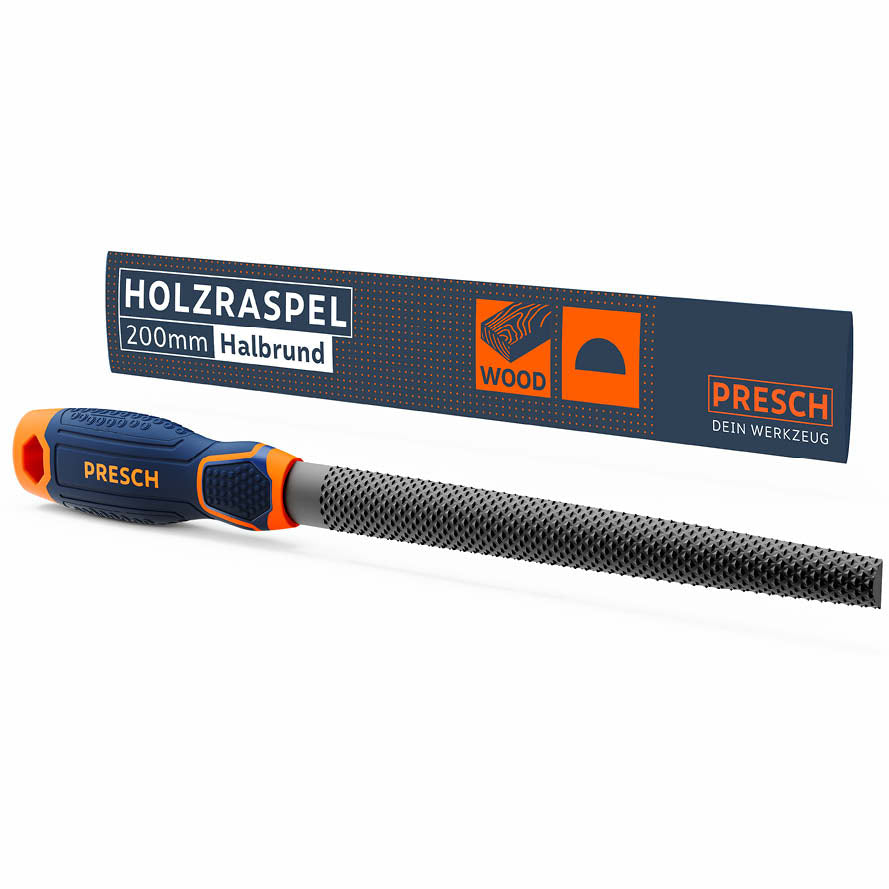 Halbrunde Holzraspel von PRESCH mit Feile und ergonomischem Griff für Tischlerarbeiten.