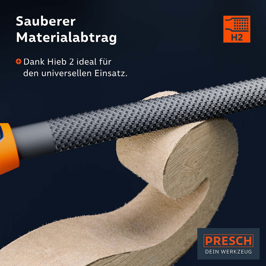 Halbrunde Holzraspel von Presch für präzisen Materialabtrag und feines Ziehholz.