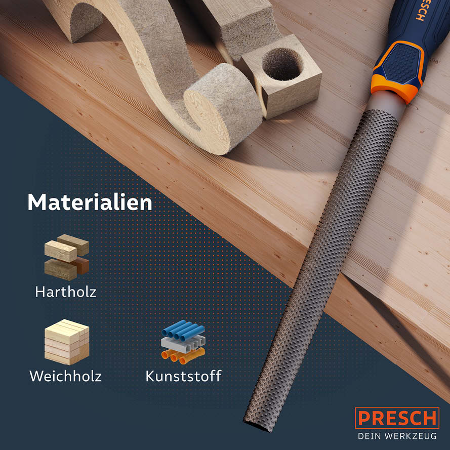 Râpe à bois semi‑circulaire de PRESCH pour le travail du bois dur, du bois tendre et du plastique.