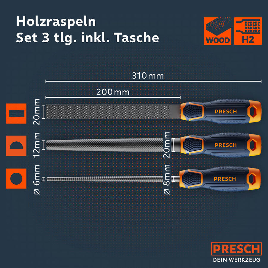 Ensemble de râpes à bois de PRESCH avec trois tailles différentes, sac de transport inclus, limes pour le travail du bois, outils de rabotage