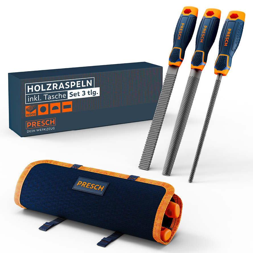 Holzraspel Set von Presch mit drei unterschiedlichen Feilen und Aufbewahrungstasche.
