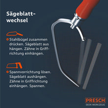 PRESCH Metallsäge met verwisselbaar houtzaagblad en instructies voor het wisselen van het zaagblad.