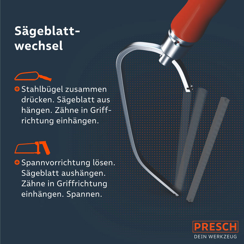 PRESCH Metallsäge met verwisselbaar houtzaagblad en instructies voor het wisselen van het zaagblad.