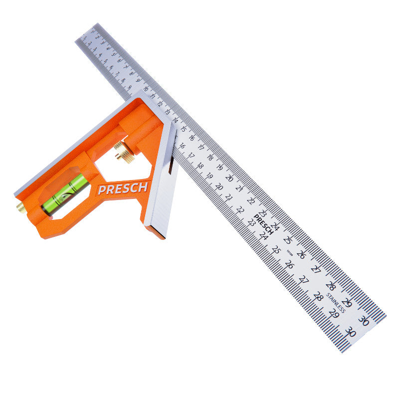 PRESCH Kombinationswinkel 300mm für präzise Messungen und Anzeichnungen, inklusive Wasserwaage und Metalllineal