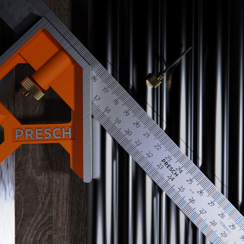 PRESCH Kombinationswinkel 300mm für präzise Messungen und Anzeichnen, inklusive Winkelmessgerät und Lineal