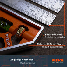 PRESCH Kombinationswinkel Set aus Edelstahl mit Maßstab und Wasserwaage für präzises Messen und Anzeichnen.