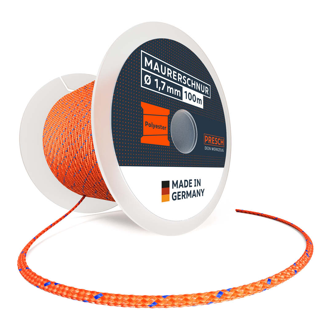 PRESCH corde de maçon orange, 1,7 mm de diamètre et 100 m de longueur sur une bobine blanche, corde de chantier, corde de repérage.