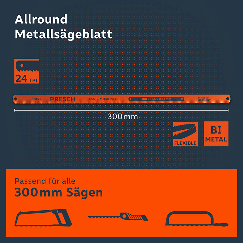 PRESCH Metallsägeblatt 300mm mit hoher Flexibilität und Stabilität für präzise Metallarbeiten.