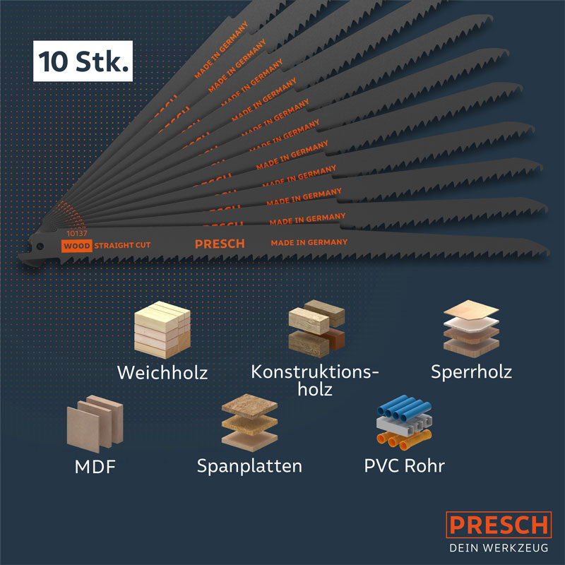 PRESCH extra lange Säbelsägeblätter 280mm für Holz, dargestellt neben verschiedenen Holzarten wie Weichholz und Sperrholz