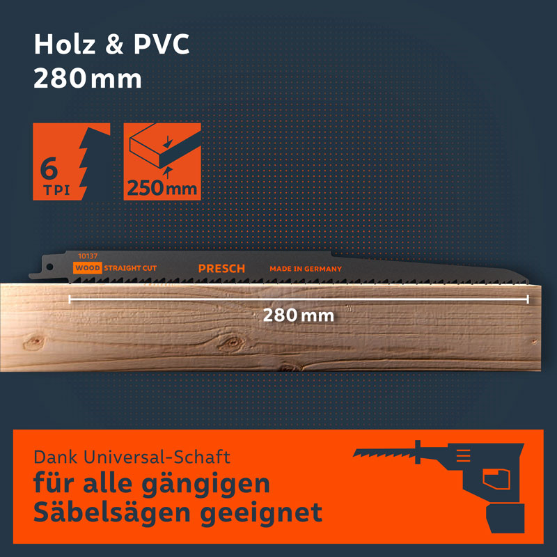PRESCH Säbelsägeblatt für Holz, 280mm extra lang, für präzise Schnitte in Holz und PVC, kompatibel mit allen gängigen Säbelsägen.