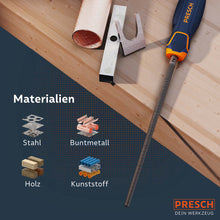 Limas rond PREISCH numéro 8 pour le travail du métal avec poignée ergonomique et illustration des matériaux tels que l'acier, les métaux non ferreux, le bois et le plastique.