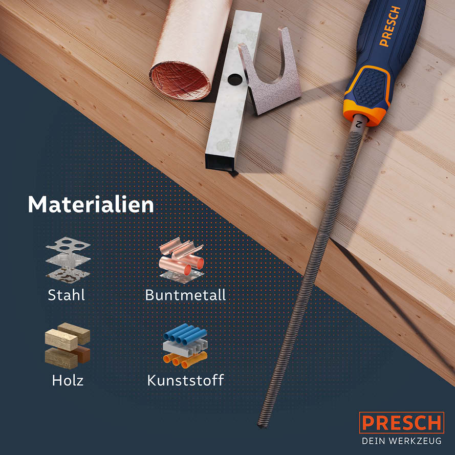 Limas rond PREISCH numéro 8 pour le travail du métal avec poignée ergonomique et illustration des matériaux tels que l'acier, les métaux non ferreux, le bois et le plastique.