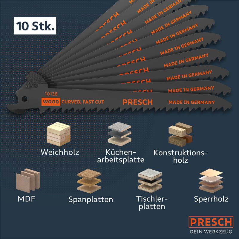 Zehn Säbelsägeblätter für Kurvenschnitt liegen fächerförmig auf, Symbole zeigen geeignete Holz- und Plattenwerkstoffe.