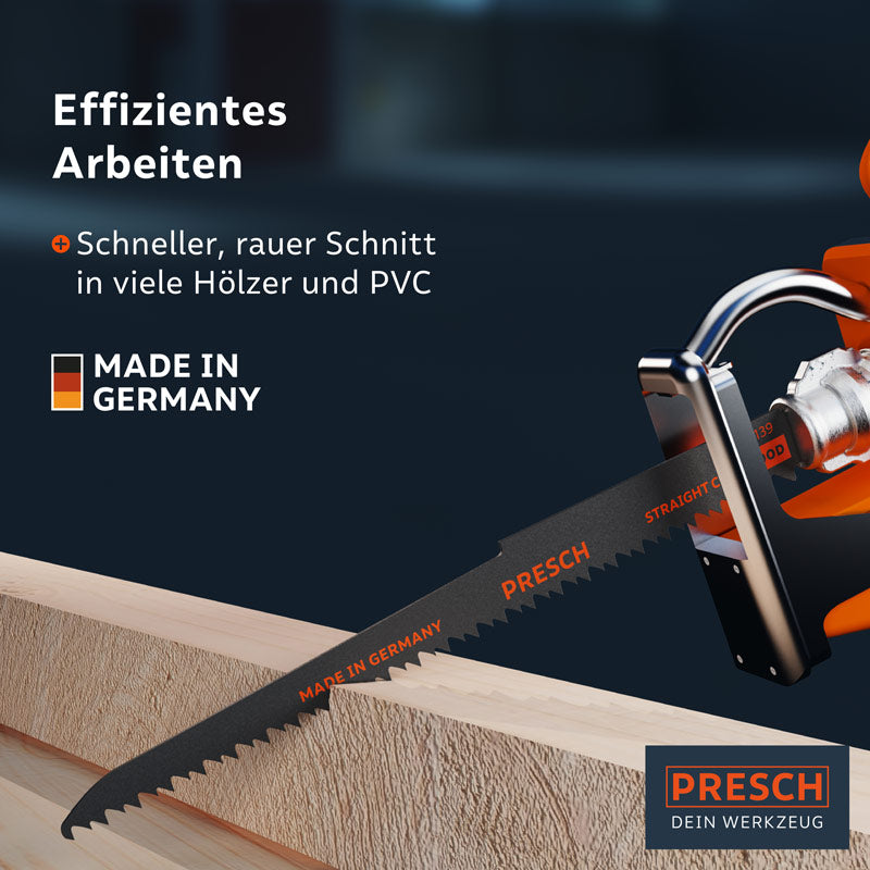 PRESCH Säbelsägeblatt für Holz, 210mm lang, schnittpräzise und leistungsstark, für effiziente Holzbearbeitung.