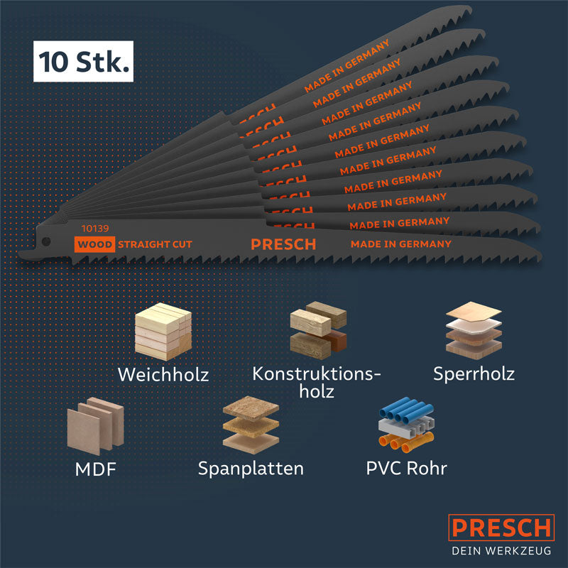 PRESCH Säbelsägeblatt 210mm für Holz, geeignet für Weichholz, Konstruktionsholz, Spanplatten und Sperrholz.