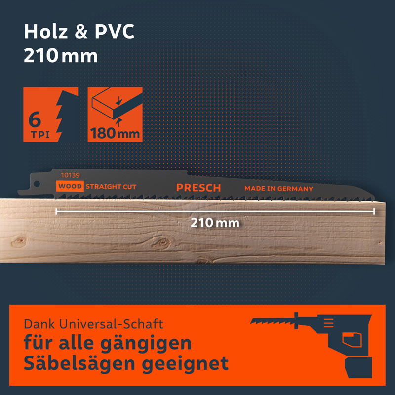 Säbelsägeblatt für Holz von PRESCH, 210mm lang, geeignet für Universal-Schaft Säbelsägen, ideal für gerade Schnitte in Holz und PVC.