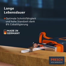 Lame de scie sabre PRESCH pour bois avec clous 130mm à côté d'un morceau de bois et d'autres lames de scie en arrière-plan, qualité Made in Germany.