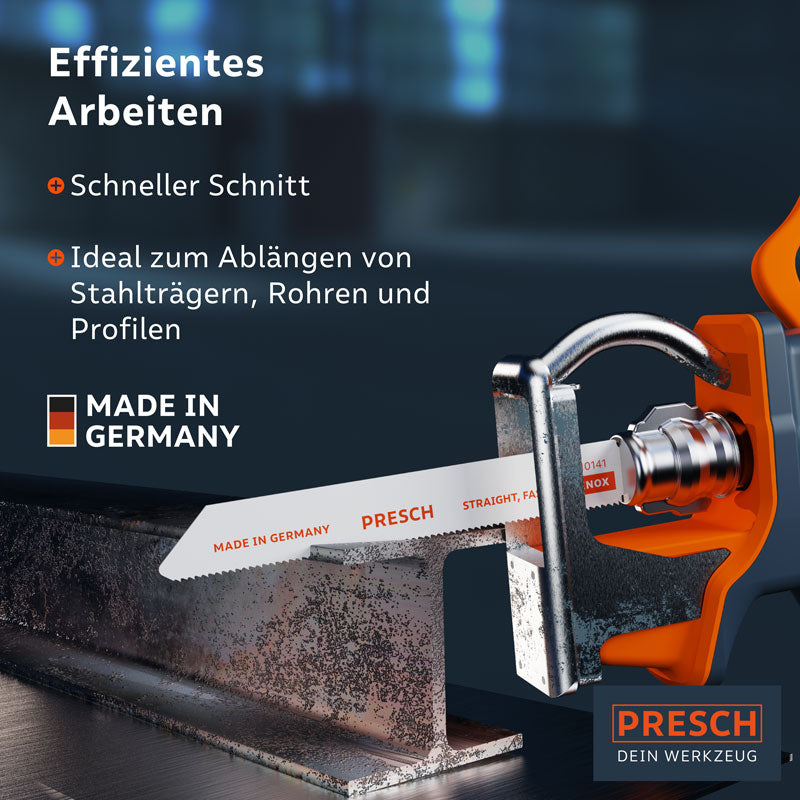 PRESCH Reciprozaagblad voor metaal 130mm van roestvrij staal, efficiënt voor snelle zaagsneden in stalen balken, ideaal voor metaalbewerking en precisiewerk.