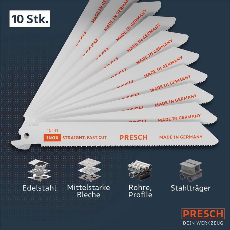 PRESCH Säbelsägeblätter für Metall 130mm aus Edelstahl, geeignet für Schnitte in mittelstarke Bleche, Rohre und Stahlträger.
