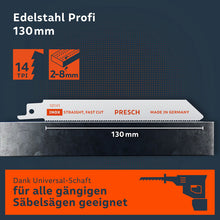 Roestvrijstalen zaagblad met 14 tanden per inch meet 130 mm en snijdt 2 tot 8 mm diep.