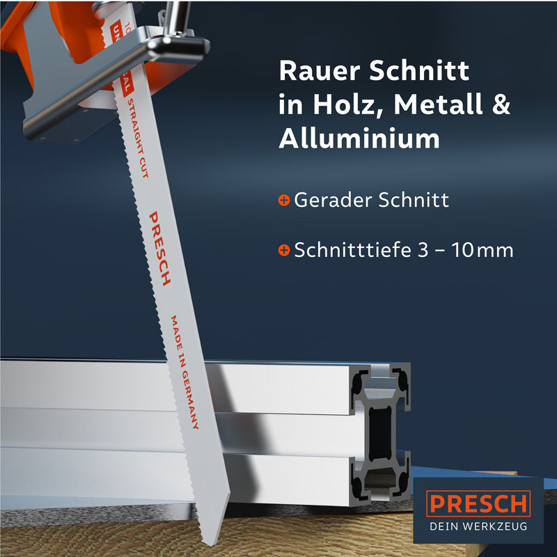 PRESCH Säbelsägeblatt 210mm für universelle Sägearbeiten in Metall und Holz, inklusive Materialtrennung und Grobschnitt.