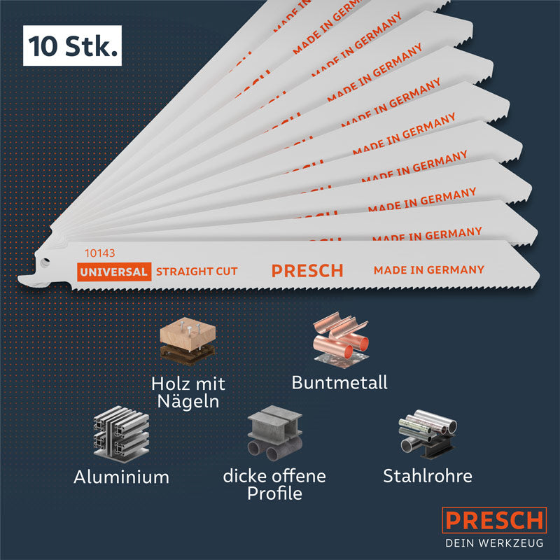 PRESCH Säbelsägeblätter Universal für Metall und Holz, 210mm, geeignet für unterschiedliche Materialien wie Aluminium und Stahlrohre.