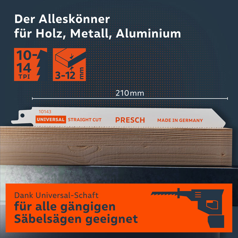 PRESCH Säbelsägeblatt 210mm für Holz und Metall, universelle Sägeblattlösung mit Zähnen für vielseitige Sägearbeiten.