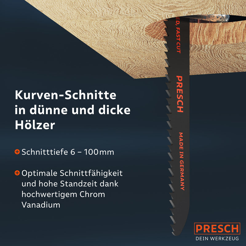 PRESCH Säbelsägeblätter-Set für Metall und Holz, 15-teiliges Sortiment, hochwertige Sägeblätter für Kurvenschnitte in verschiedenen Materialstärken.