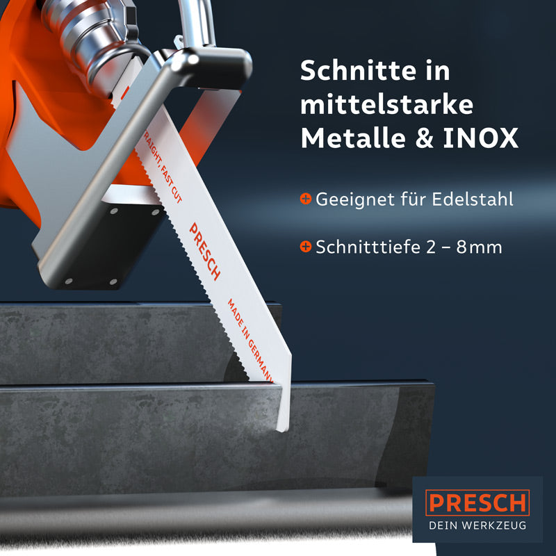 PRESCH Säbelsägeblätter-Set für Metall und Holz, 15-teilig, in Anwendung für genaue Schnitte in Metall, inklusive Ersatzklingen.