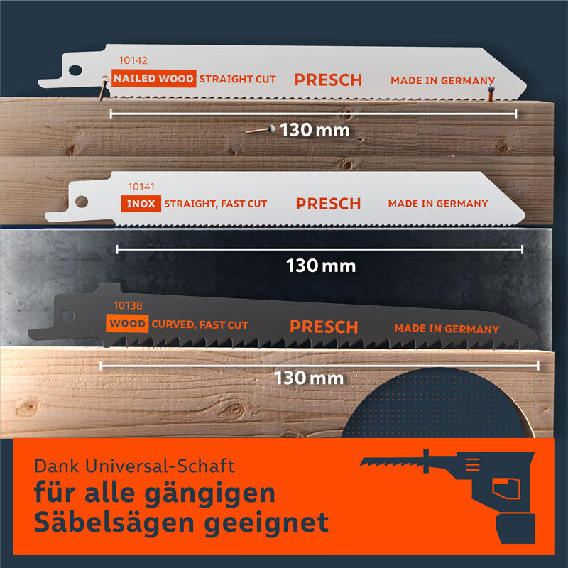 PRESCH Reciprocatingzaagbladenset voor metaal en hout, 15-delig, inclusief varianten voor rechte en snelle zaagsneden, geschikt voor alle gangbare reciprozaagbladen.
