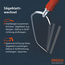 Presch Universal Sägeblatt neben Anleitung zum Sägeblattwechsel, Ersatzsägeblatt und Handsäge Zubehör.
