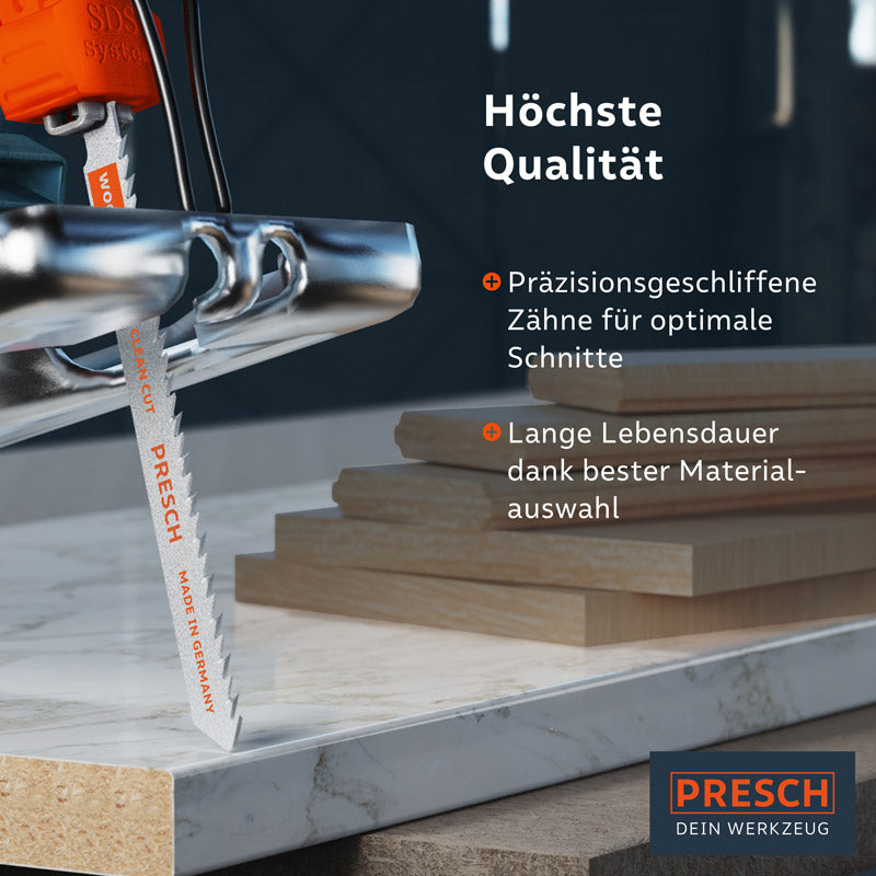 Lames de scie sauteuse PRESCH de haute qualité pour bois avec dents rectifiées avec précision et longue durée de vie pour un travail optimal des matériaux en bois.