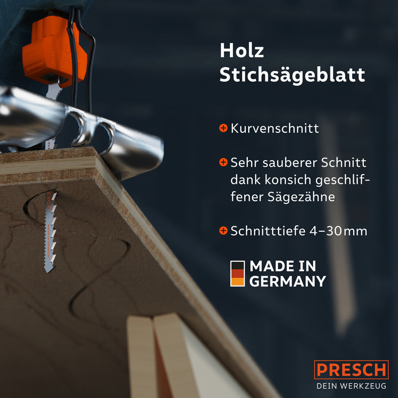 PRESCH Stichsägeblätter für Holz mit sauberen Schnittkanten und konisch geschliffenen Zähnen für präzises Sägen.