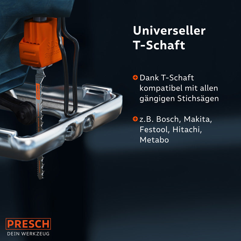 Presch Stichsägeblätter für Holz mit universellem T-Schaft, kompatibel mit gängigen Elektrosägen und Sägeblattaufnahmen.