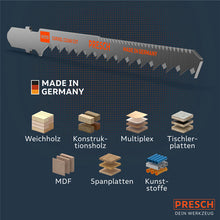 PRESCH Stichsägeblätter für Holz mit Sägezähnen für saubere Schnitte in verschiedenen Holzmaterialien wie Weichholz, Konstruktionsholz und Multiplex.