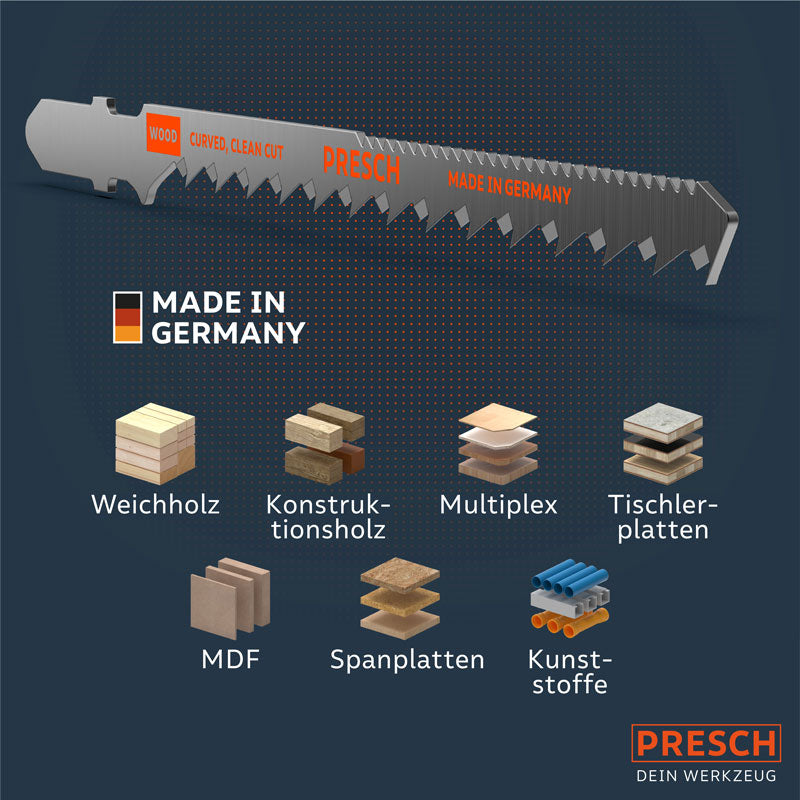 PRESCH Stichsägeblätter für Holz mit Sägezähnen für saubere Schnitte in verschiedenen Holzmaterialien wie Weichholz, Konstruktionsholz und Multiplex.