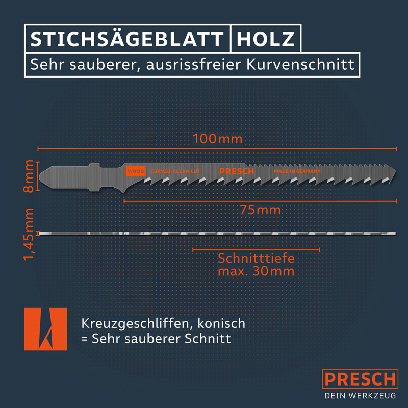 PRESCH Stichsägeblätter für Holz mit sauberem Kurvenschnitt und präziser Schnitttiefe, ideal für feine und akkurate Holzarbeiten.