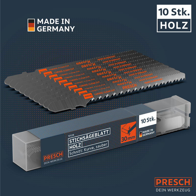 PRESCH Stichsägeblätter für Holz, verpackt in einer Box mit 10 Stück für präzise und saubere Kurvenschnitte.