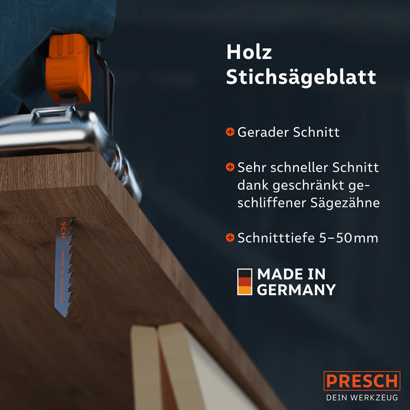 Lames de scie sauteuse pour bois de PRESCH avec bords de coupe précis et différentes profondeurs de coupe, outil de qualité fabriqué en Allemagne.