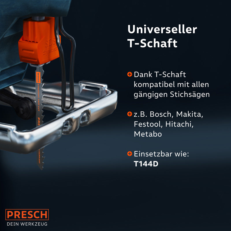 PRESCH Stichsägeblätter für Holz mit universellem T-Schaft, kompatibel mit verschiedenen Stichsägenmodellen.