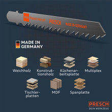 PRESCH Stichsägeblätter für Holz, verschiedene Holzarten und Sägeblatttypen für präzise Schnitte in Weichholz und Hartholz.