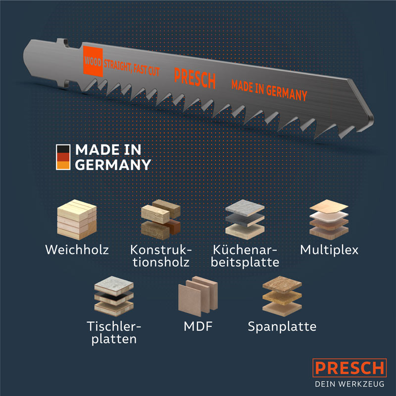 PRESCH Stichsägeblätter für Holz, verschiedene Holzarten und Sägeblatttypen für präzise Schnitte in Weichholz und Hartholz.