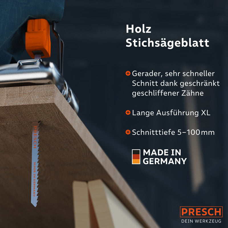 Lames de scie sauteuse PREISCH pour bois avec coupe précise et longue exécution XL, outil de qualité fabriqué en Allemagne.