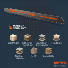 PRESCH Stichsägeblätter für Holz sortiert nach Material wie Weichholz, Konstruktionsholz und Multiplex, ideal für präzise Schnitte und Holzarbeiten.