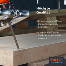 PRESCH Stichsägeblätter für Holz mit präzisionsgeschliffenen Zähnen und hoher Schnittqualität.