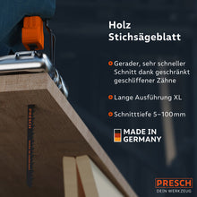 PRESCH Stichsägeblätter für Holz mit präzisen Sägezähnen und Angaben zur Schnitttiefe und Qualität – Sägeblatt für exakte Holzbearbeitung und Zimmereiarbeiten.